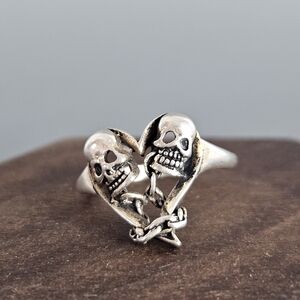 Two Skeleton Heart Silver Ring